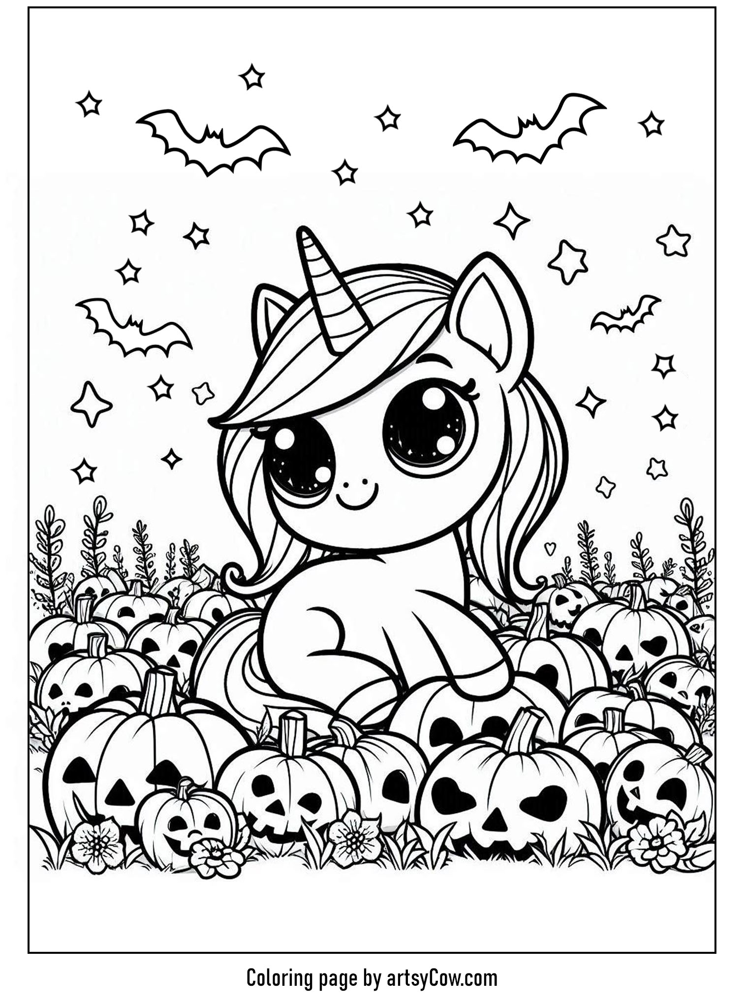 Halloween coloring pages with unicorn 2 features a cute unicorn sitting among carved pumpkins, surrounded by stars and bats.